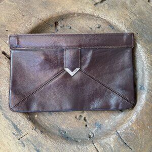 Vintage chocolate brown envelope clutch with spring hinge closure 11 x 7 inches